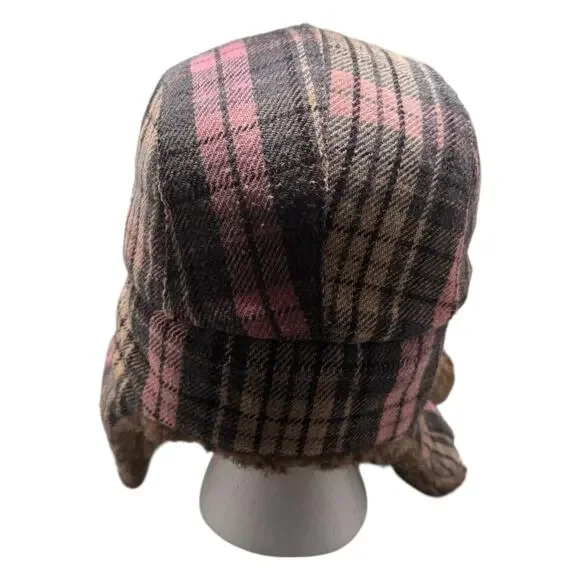 Pink Plaid Faux Fur Trapper Hat Ear Flap Pom Pom Cozy Winter Y2K - Picture 4 of 5